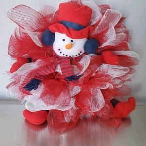 Festive Snowman Wreath with Red and White Mesh